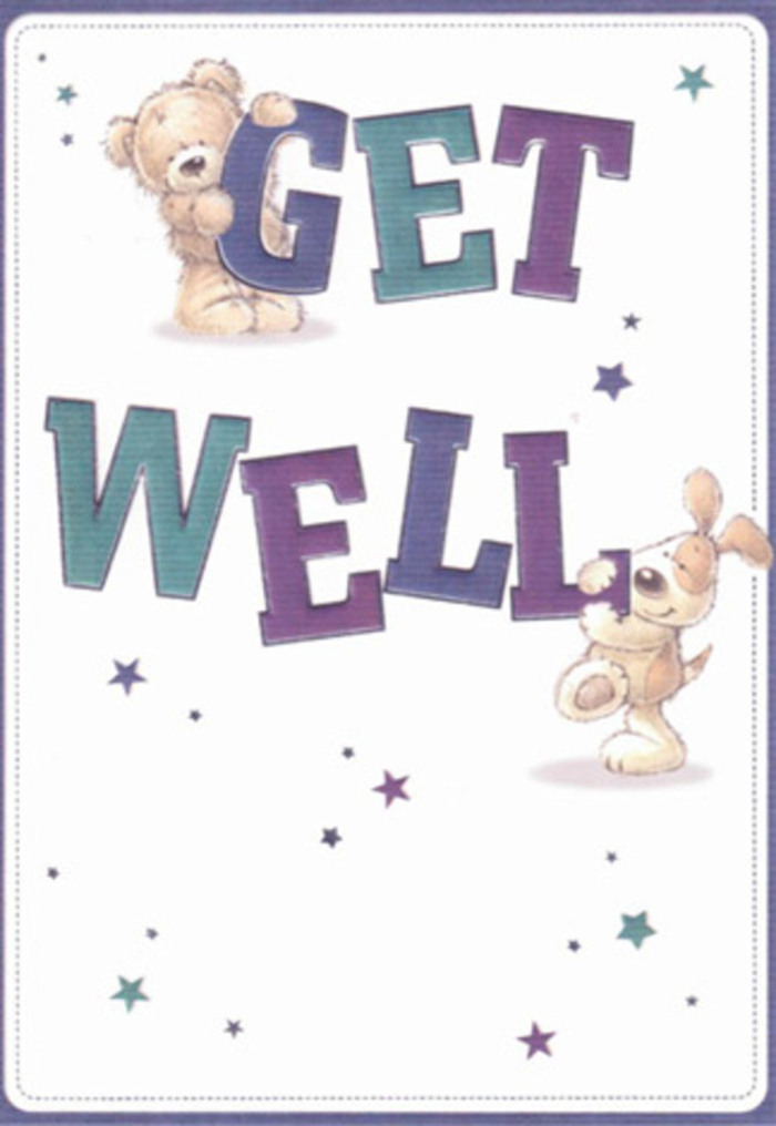 A get well card that feels like a friendly smile arrives in the post: two lovingly drawn friends-a soft, tawny bear and a floppy-eared puppy-make a cheerful duo, working together to present a bold, reassuring 'Get Well.' They rest among animated starbursts in teal and violet, evoking Hampstead's own vibrant sense of compassion and community spirit, as if the stars themselves brought wishes from the leafy paths of Parliament Hill. The bear's plush texture and the puppy's endearing expression carry the tactile comfort of a favourite childhood toy. The vivid, rounded typography-brimming with the colours of a garden in bloom just after rain-anchors the design in pure positivity. It's easy to imagine pairing this card with an uplifting bouquet arranged nearby in Hampstead, each floral stem placed with the same delicate care as every illustrated feature on the design. The gentle interplay of colour, texture, and lively support communicates encouragement and warmth, perfect for sending heartfelt well-wishes-whether across the street or to a hospital just up the hill.